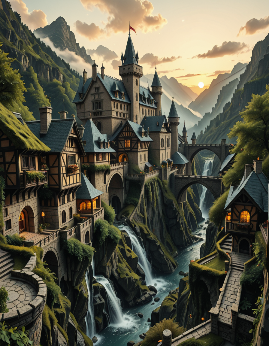 A breathtaking medieval fantasy city nestled in a lush valley, surrounded by towering mountains and dense forests. A grand castle with multiple towers and turrets stands atop a hill, overlooking the town below. The city consists of charming half-timbered houses with glowing windows, perched on rocky cliffs and connected by stone bridges over cascading waterfalls. The river flows through the village, reflecting the warm golden lights of lanterns and torches. Ivy and moss grow over the stone walls, adding to the enchanted, ancient atmosphere. The background features misty mountains with additional fortresses and watchtowers, partially hidden by low-hanging clouds. The sky is illuminated by a soft, warm sunset, casting a golden glow on the scenery, creating a perfect blend of realism and fantasy. Highly detailed, cinematic, and immersive, with a magical, fairy-tale ambiance.
<lora:SDXLFaeTastic2400:0.4> <lora:extremely_detailed:0.4> extremely detailed, ,medieval f4nt4sy c1ty <lora:medieval_f4nt4sy_c1ty-i:1>, Masterpiece,best quality,hi res,8k,hi res,8k,award winning,(sharp focus, intricate, highly detailed),