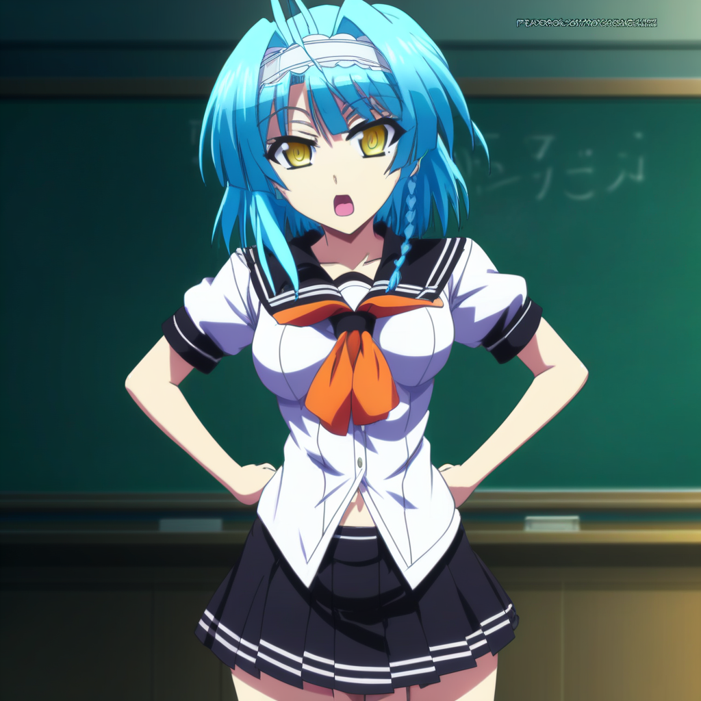 score_9, score_8_up, score_7_up, source_anime, NonakaYuki, 1girl, solo, closed mouth, aqua hair, yellow eyes, medium hair, hairband, side braid, ahoge, YukiSchool, black sailor collar, white shirt, orange neckerchief, black skirt, standing, looking at the viewer, (thigh gap:1.2), cowboy shot, indoors, classroom