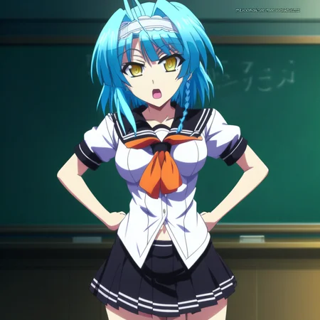 score_9, score_8_up, score_7_up, source_anime, NonakaYuki, 1girl, solo, closed mouth, aqua hair, yellow eyes, medium hair, hairband, side braid, ahoge, YukiSchool, black sailor collar, white shirt, orange neckerchief, black skirt, standing, looking at the viewer, (thigh gap:1.2), cowboy shot, indoors, classroom