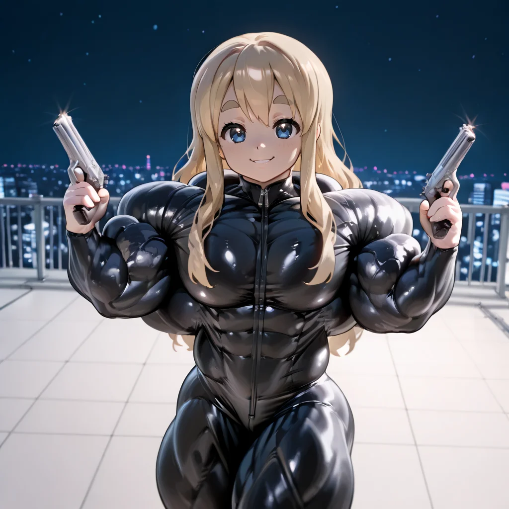1girl, kotobuki tsumugi, k-on!,
rooftop, night, holding pistol, dual wielding, seductive smile,
<lora:Hyper_Muscles_2nd_IL:1> hyper-mscl, muscular female, hyper muscles,
<lora:bodysuit_illustrious_V1.0:1> black bodysuit, zipper, skin tight, latex, masterpiece,best_quality, newest, masterpiece, best quality, absurdres, highres, highly detailed, very aesthetic,