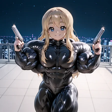 1girl, kotobuki tsumugi, k-on!,
rooftop, night, holding pistol, dual wielding, seductive smile,
<lora:Hyper_Muscles_2nd_IL:1> hyper-mscl, muscular female, hyper muscles,
<lora:bodysuit_illustrious_V1.0:1> black bodysuit, zipper, skin tight, latex, masterpiece,best_quality, newest, masterpiece, best quality, absurdres, highres, highly detailed, very aesthetic,