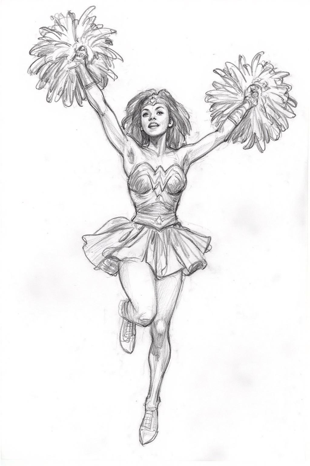 Pencil sketch.
A cheerleader dressed as Wonder Woman, jumping into the air with her pom poms.  <lora:iainmccaig1_cap_d8a4e12:1.0><lora:864359245863243253:0>