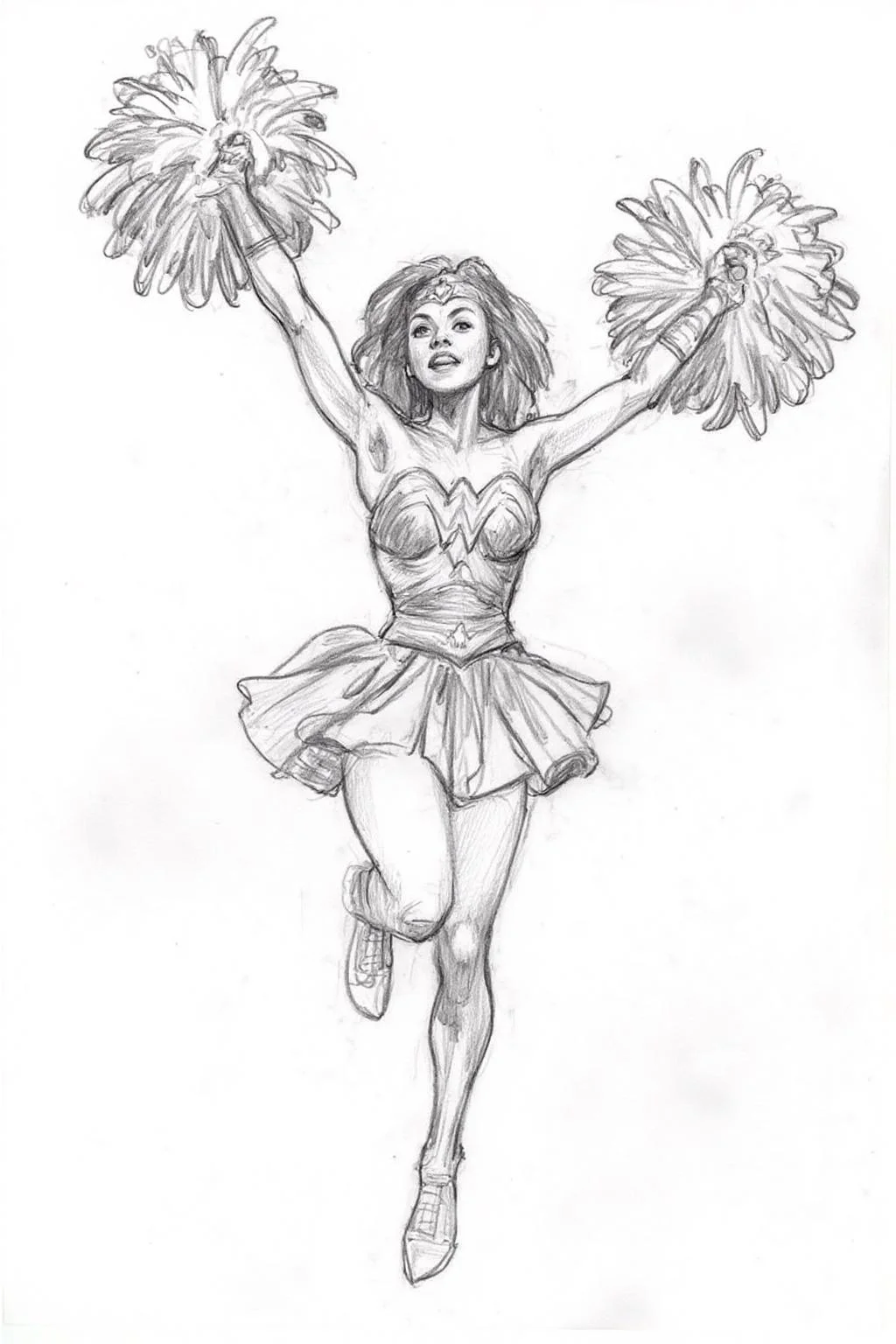 Pencil sketch.
A cheerleader dressed as Wonder Woman, jumping into the air with her pom poms.  <lora:iainmccaig1_cap_d8a4e12:1.0><lora:864359245863243253:0>