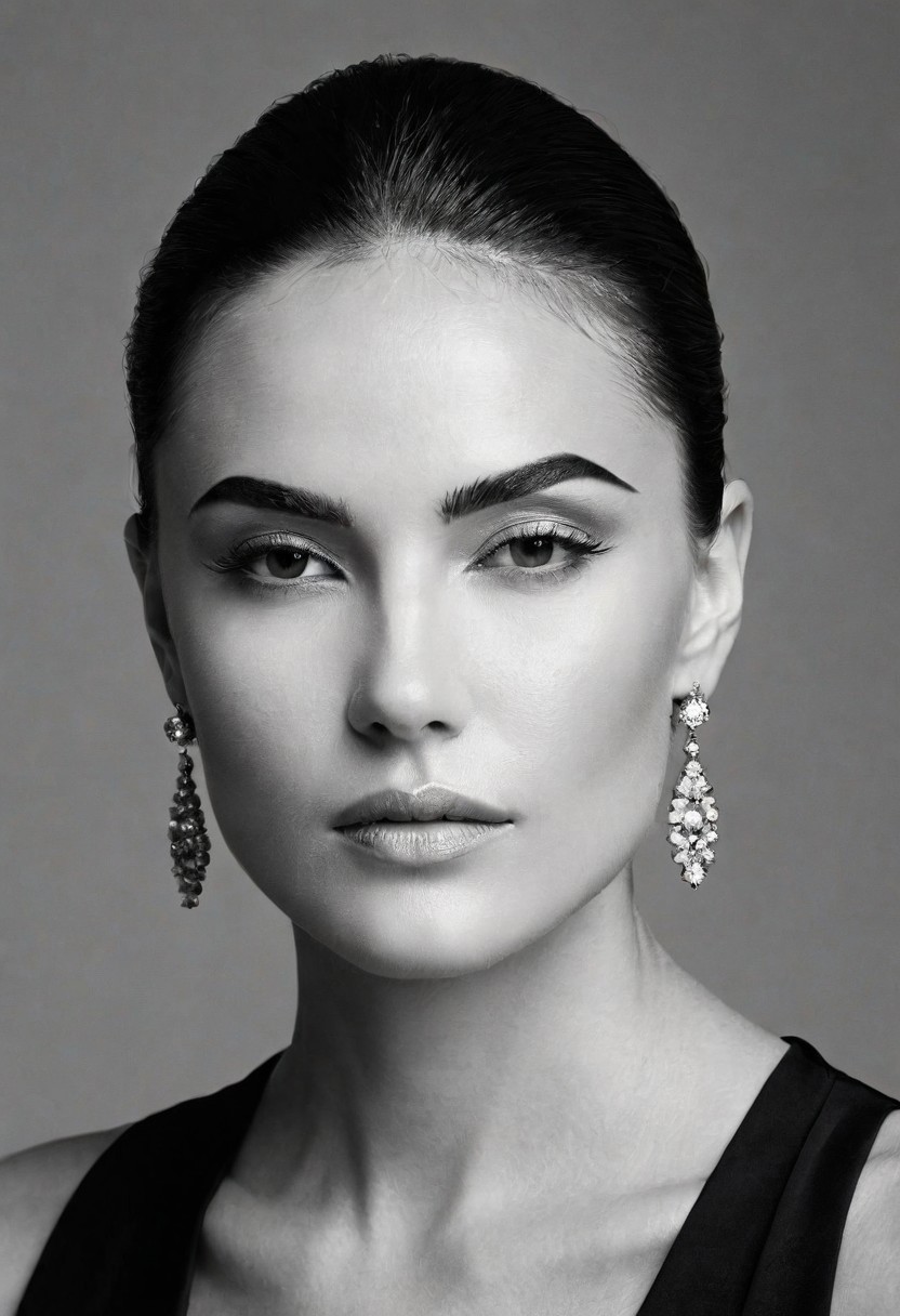 A striking monochrome portrait of a high-fashion model captured in a classic, Vogue-inspired photoshoot. The image focuses on her upper body, showcasing sharp bone structure and flawless skin illuminated by dramatic, high-contrast lighting. Shadows and highlights play artfully across her face, accentuating her high cheekbones, defined jawline, and elegantly arched eyebrows. Her gaze is powerful and direct, exuding confidence and sophistication, with slightly parted lips that add a touch of allure.
Her hair is styled sleekly back, drawing attention to her expressive features and creating a sculpted silhouette against a soft, shadowed background. She wears minimal accessories—perhaps a single, elegant earring catching the light—adding sophistication without distraction. The monochrome palette enhances the texture and contrast, giving her skin a smooth, almost ethereal glow, while the deep shadows add depth and mystery. The overall composition feels timeless and refined, embodying classic beauty and editorial poise with a touch of modern edge.. backinblack, grayscale, monochrome