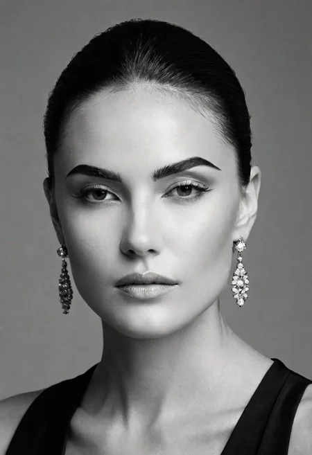A striking monochrome portrait of a high-fashion model captured in a classic, Vogue-inspired photoshoot. The image focuses on her upper body, showcasing sharp bone structure and flawless skin illuminated by dramatic, high-contrast lighting. Shadows and highlights play artfully across her face, accentuating her high cheekbones, defined jawline, and elegantly arched eyebrows. Her gaze is powerful and direct, exuding confidence and sophistication, with slightly parted lips that add a touch of allure.
Her hair is styled sleekly back, drawing attention to her expressive features and creating a sculpted silhouette against a soft, shadowed background. She wears minimal accessories—perhaps a single, elegant earring catching the light—adding sophistication without distraction. The monochrome palette enhances the texture and contrast, giving her skin a smooth, almost ethereal glow, while the deep shadows add depth and mystery. The overall composition feels timeless and refined, embodying classic beauty and editorial poise with a touch of modern edge.. backinblack, grayscale, monochrome