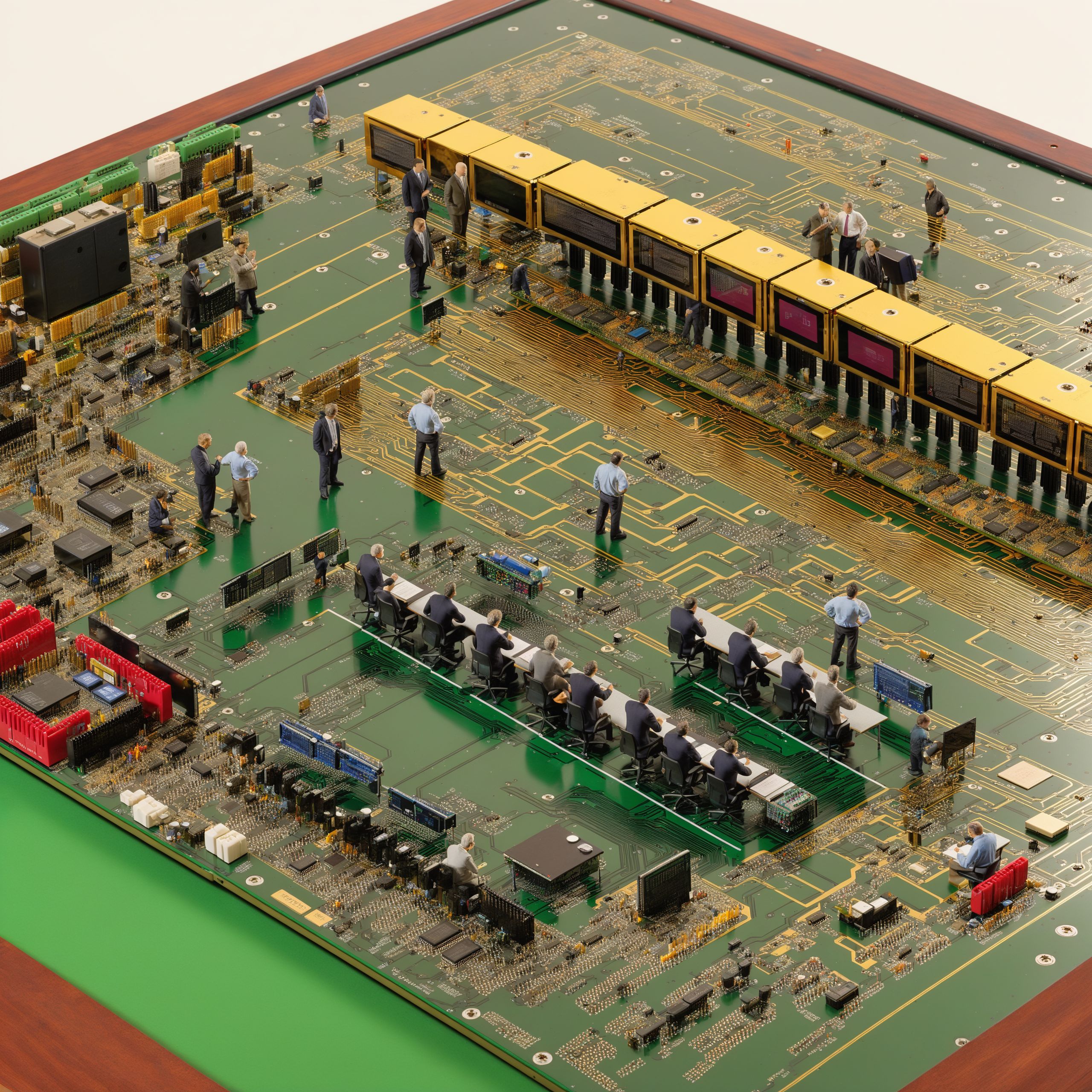 masterpiece, (realistic:1), (photorealistic:1), intricate detail, highly detailed, great textures, 8k, high detail, miniature, landscape,overview,
<lora:minihuman_SDXL_v2_loha-000016:0.8>, A team of figures is conducting a meeting around a conference table shaped like a circuit board, meeting, circuit board, tech collaboration, group brainstorming, innovative workplace, modern teamwork, collaborative effort, shared ideas, team building, interactive, creative, discussion