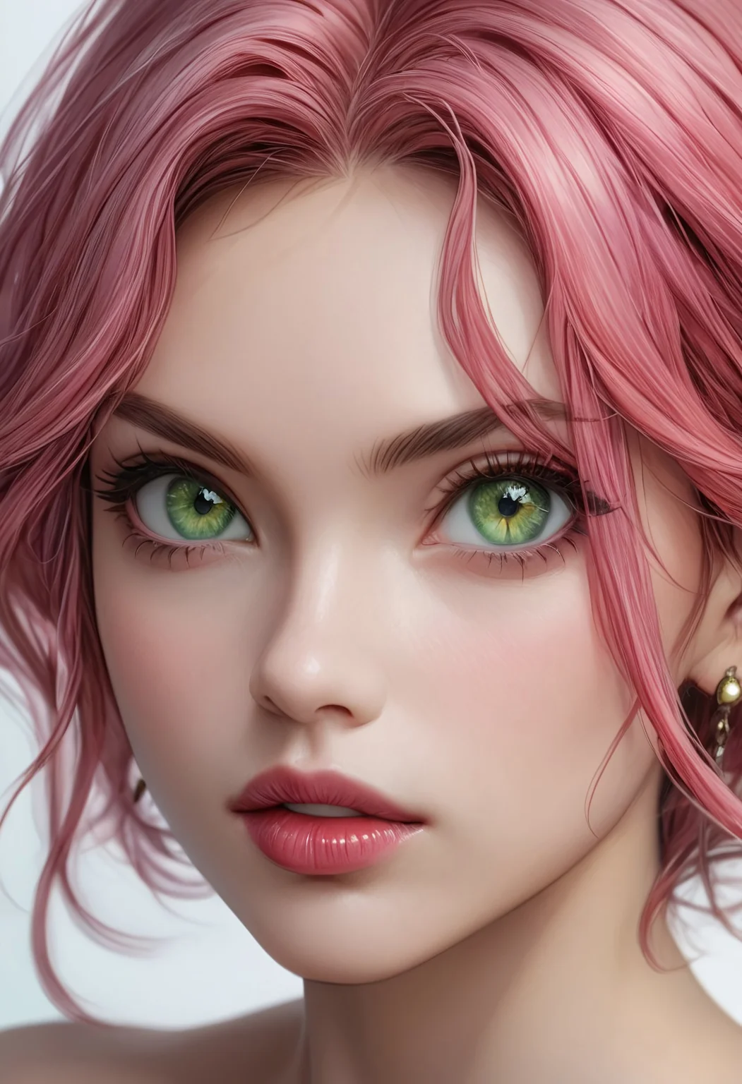 best quality,masterpiece,highly detailed,ultra-detailed,close up of woman face, pretty face, strong jaw line, 1girl, pink hair, red lips, green eyes