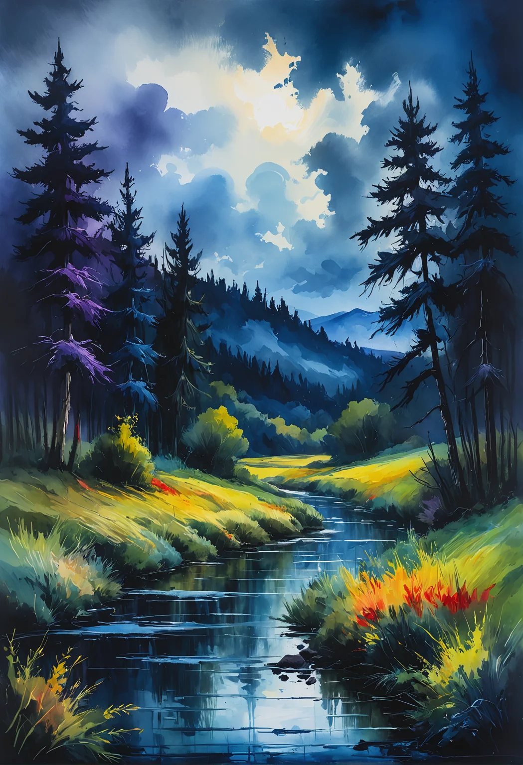Magic, dark and moody landscape, in Gouache Style, Watercolor, Museum Epic Impressionist Maximalist Masterpiece, Thick Brush Strokes, Impasto Gouache, thick layers of gouache watercolors textured on Canvas, 8k Resolution, Matte Painting