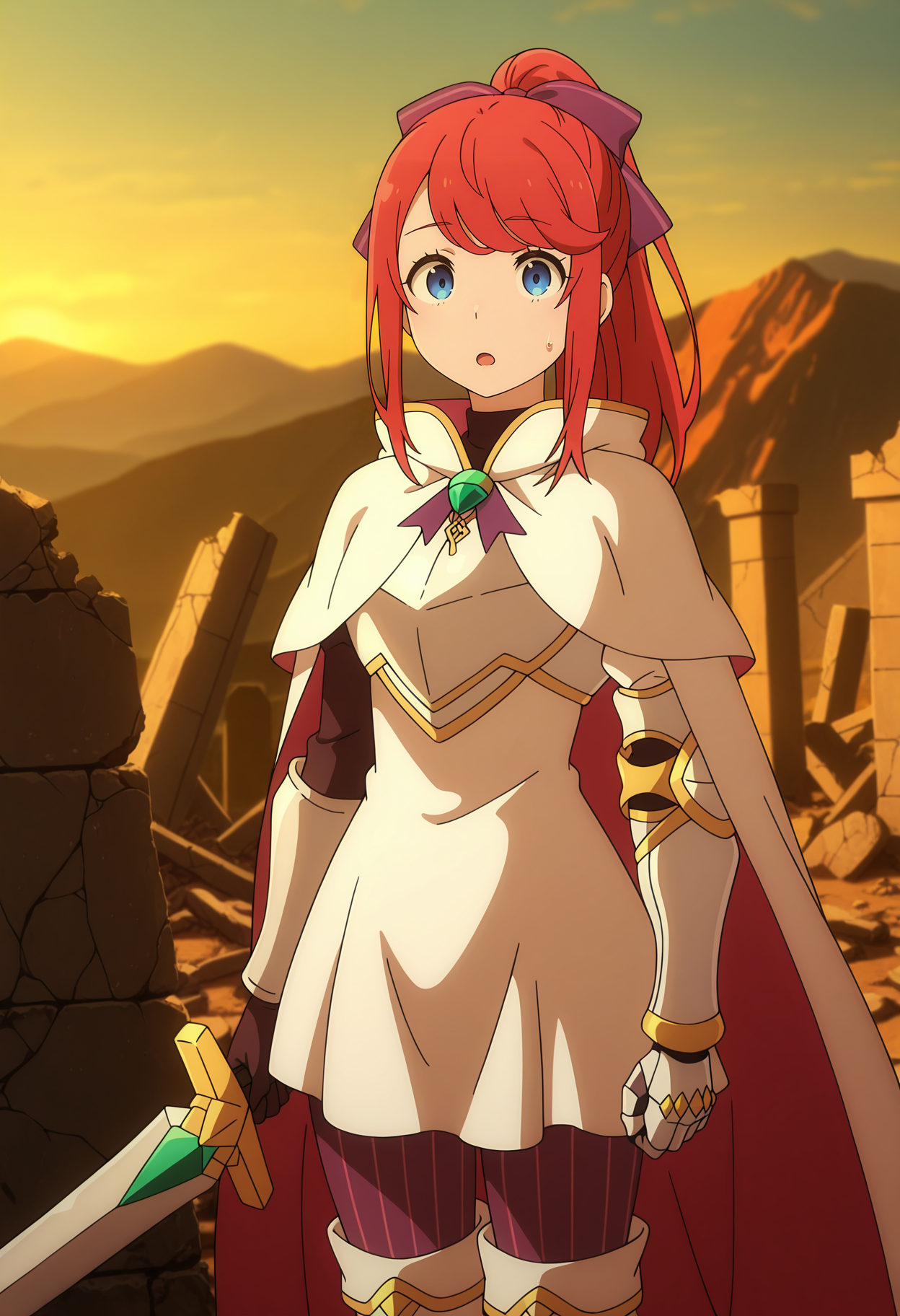 anime screencap, masterpiece, best quality,
<lora:ReZero_TheresiaVanAstrea_IlluXL:0.9>,
1girl, solo, :o, sweatdrop,
high ponytail, swept bangs, long hair, red hair, blue eyes, hair bow, purple bow,
white capelet, two-sided cape, white cape, breastplate, white dress, pendant, green gem, asymmetrical gloves, gauntlets,
vertical-striped pantyhose, purple pantyhose, thigh boots, white boots,
holding sword,
standing, looking at viewer, cowboy shot,
scenery, sunset, mountainous horizon, ruins, stone, photo background, blurry background