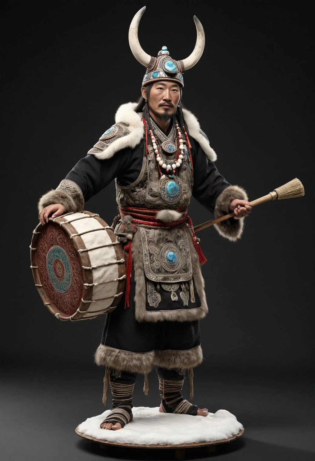 fully covered mountain medieval mongolian shaman in a fur and bone and drum, 1man standing, snow on the ground,(full body:1.5), hero pose,exaggerated proportions, intricate character design, sense of nostalgia, exaggerated features, memorable look, consistent, coherent, captivating, (clear eyes:1.2), (highly detailled eyes:1.2), highly detailled hands, detailled floor, textured socle, dusty ground, intricate shoes, master piece, intricate, master piece, intricate, (simple background, black background:1.5), rim lighting, dimlight,"detailed skin texture, highly detailled fabrics, precise linen, precise bump textures, absurd res textures, high glossy, perfect reflection, intricate surfaces, subsurface scattering, ambiant occlusion, subtle scratchs, imperfections, soft shadow, insane detail, detailled stitches and sews, intricate leather"