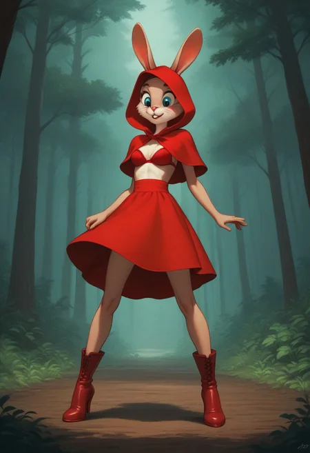 score_8_up, score_9, posing at forest trail at deep dark wood background, four fingers, zayats, shorty, skinny, undersized, female anthro rabbit, red riding hood, red high heels ankle boots, deep neckline, red bra,
