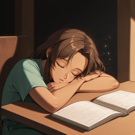 <lora:Parted_Bangs_with_Curtain_Hair_Illustrious:1> curt4ined h4ir, 1girl, sleeping, head on hand, sitting, at table,