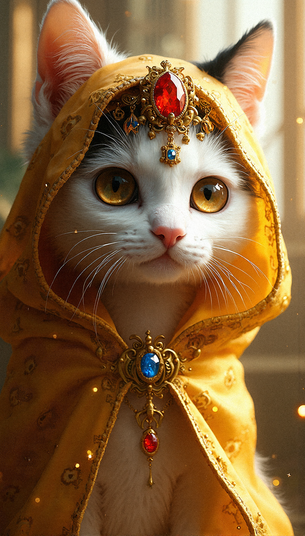 an incredibly realistic scene of a white kitten wearing a majestic golden veil, rendered with high attention to detail. The cat’s eyes, large and amber, should be given a reflective quality that captures the viewer’s gaze. The golden veil should be richly detailed with intricate patterns, cascading elegantly over the cat’s head and shoulders, with delicate folds that suggest a soft, luxurious fabric. The veil should be adorned with a diadem featuring a prominent red gemstone, surrounded by golden filigree, which sits on the cat’s forehead like a crown. Alongside the veil, include dangling gold earrings with colorful blue and red gemstones, adding to the feline’s regal aura. The texture of the fur should be lifelike, with individual strands visible, particularly the white fur that frames the cat’s face and contrasts with the black fur on its head and back. Use a warm, soft background in shades of beige and gold, with subtle light reflections that complement the golden tones of the attire. The lighting should be soft and ambient, accentuating the sparkle of the gemstones and the gentle sheen of the fabric. Focus on capturing the exquisite details of the jewelry and the cat’s expression, which should convey both serenity and nobility, making the viewer feel as though they are in the presence of a royal, mythical creature. Add small, magical light particles around the gemstones to give them a faint, enchanted glow, enhancing the fantastical elements while maintaining photorealistic textures and lighting.





