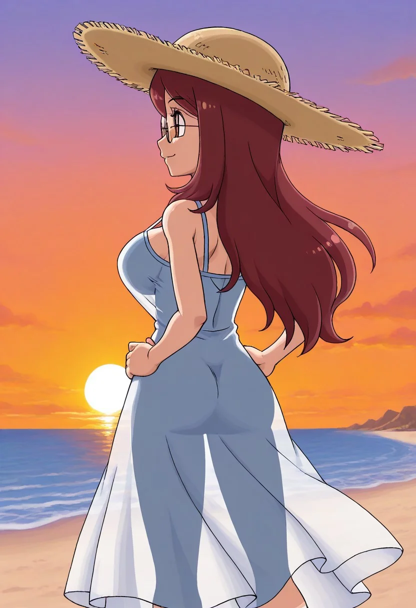 sfw, rating_safe, rating_questionable, pokemoa, oekaki, lowres, 1girl, solo, trainerrissy, auburn hair, long hair, auburn eyes, large breasts,
sun dress, translucent, (silhouette through dress:1.2), straw hat, relaxed, (smile:0.5), beach, sunrise, hands on hips, looking away, rear view, (butt:0.5)