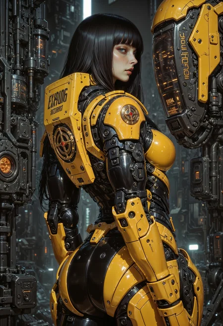 a futuristic, anime-style character in a high-tech environment. The character is a female with long, straight black hair and fair skin, wearing a detailed yellow exosuit with mechanical components. The suit is adorned with various logos and symbols, including a prominent circular emblem on the arm. The background is filled with intricate machinery and glowing lights, creating a sci-fi atmosphere. The character's pose is dynamic, with her back turned slightly, showcasing the complex design of the suit and the mechanical elements attached to it. The overall color scheme is dominated by yellows and metallic tones, enhancing the futuristic theme. <lora:flux.1_lora_flyway_Epic-detail_v2:0.85> <lora:FluxMythAn1meL1nes:0.8> <lora:MoriiMee_Gothic_Niji_Style__FLUX_LoRA_Test_2:0.65>