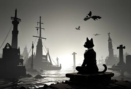 (masterpiece), (score_9, score_8_up, score_7_up,source_anime), 4K8K,
cat, focus. punk, male,
(scope view, far view), (silhouette cat, black and white cat, tuxedo cat, solo), (solo:1.3), (sitting), scenery,
(leather culottes), (backlighting, silhouette:1.3),
outdoors, (Viking Ship, graveyard, A battered ship that ran aground),
<lora:harada_miyuki_style:1>
<lora:backlighting-000001:1>