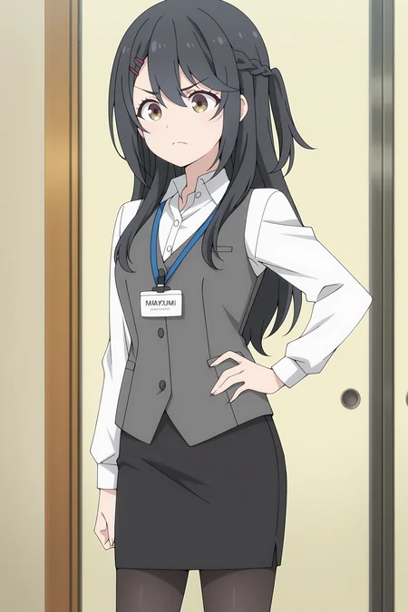 volumetric lighting, official style, amazing quality, ultra detailed, highres, detailed background, anime screenshot, anime screencap, anime coloring, masterpiece, detailed face,1girl <lora:Mayumi_Oota:0.9>Mayumi Oota, black pantyhose, black pencil skirt, hair ornament, black hair, french braid, grey vest, office lady, white collared shirt, hairclip, hand on hip, long hair, id card, solo, lanyard, brown and yellow eyes, closed mouth, long sleeves,  v-shaped eyebrows