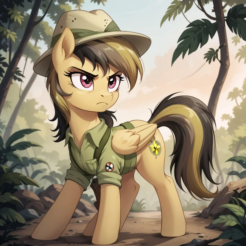 score_9, score_8_up, score_7_up, score_6_up, score_5_up, score_4_up, score_3_up, score_2_up, score_1_up, g4, solo, pony, feral pony, daring doo, hat, jungle, serious, sunset, standing, active pose, cute, glare, high res, detailed face