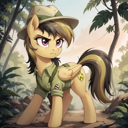 score_9, score_8_up, score_7_up, score_6_up, score_5_up, score_4_up, score_3_up, score_2_up, score_1_up, g4, solo, pony, feral pony, daring doo, hat, jungle, serious, sunset, standing, active pose, cute, glare, high res, detailed face