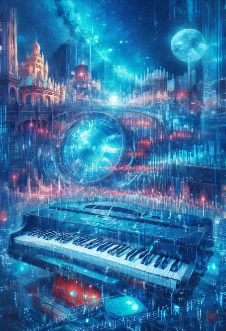 double exposure of opera diva Hatsune Miku with long floating blue twintails singing high note merging with a printed circuit board of Yamaha electronics chip processor, <lora:DoubleExposure:1>, (head:1.8), <lora:The Phantom of the Opera style:1.5> The Phantom of the Opera style, <lora:loraeyesxl:0.4>