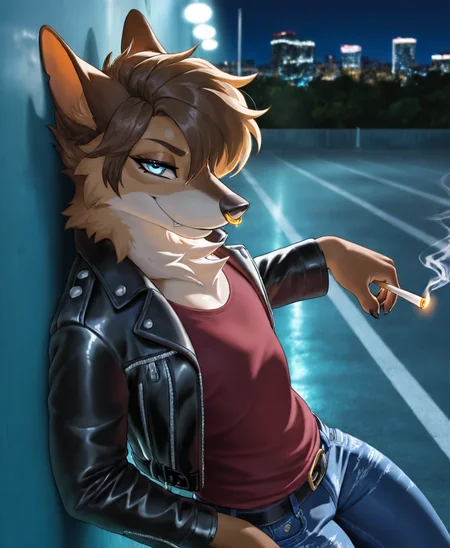 masterpiece, best quality, amazing quality, very aesthetic, high resolution, ultra-detailed, absurdres, newest, scenery, rim light, volumetric lighting
<lora:amorousill:0.9>, (amorous-alex), anthro, canine, fangs, face closeup, face focus, from side, leaning against wall, snout, solo, canine ears, dynamic pose, short hair, large fringe, hair covering eye, brown fur, brown bangs, smoking cigarette, punk aesthetic, nose ring, blue eyes, ear peircings, animal ears, curvy, flat chest, open jacket, leather jacket, long sleeve, dark red shirt, spiderweb pattern on shirt, (camoflage pattern), blue camoflage pattern jeans, smirk, athletic, BREAK
detailed eyes, depth of field, photorealistic details, parking lot, city seperated by river in far background, outdoors, at night, dark atmosphere, (detailed background), zPDXLxxx