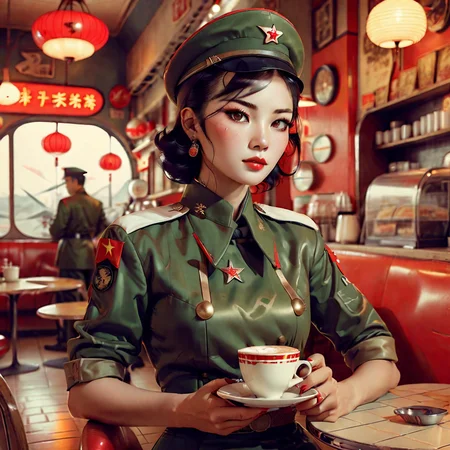 an image in the retro art style, a beautiful woman in a coffee shop, wearing a military uniform, communist china, serious <lora:retro_XL_2:1>
