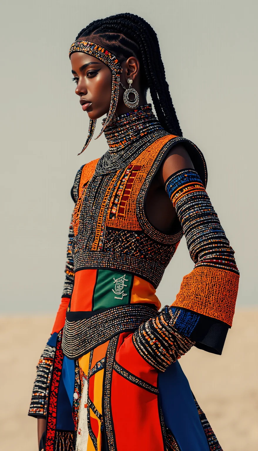 A striking fashion model wearing a modernized version of traditional Maasai warrior attire, combining bold, colorful patterns and beaded accessories with futuristic elements like metallic fabrics and sharp, geometric cuts. The model's powerful pose emphasizes the strength and heritage of the Maasai, while the modern design elements bring a sense of innovation and forward-thinking style. The background is simple, allowing the vibrant colors and intricate beadwork to stand out, making the overall look both grounded in tradition and refreshingly contemporary, midjourney_whisper_avant_couture, <lora:midjourney_whisper_avant_couture_v01:1>,