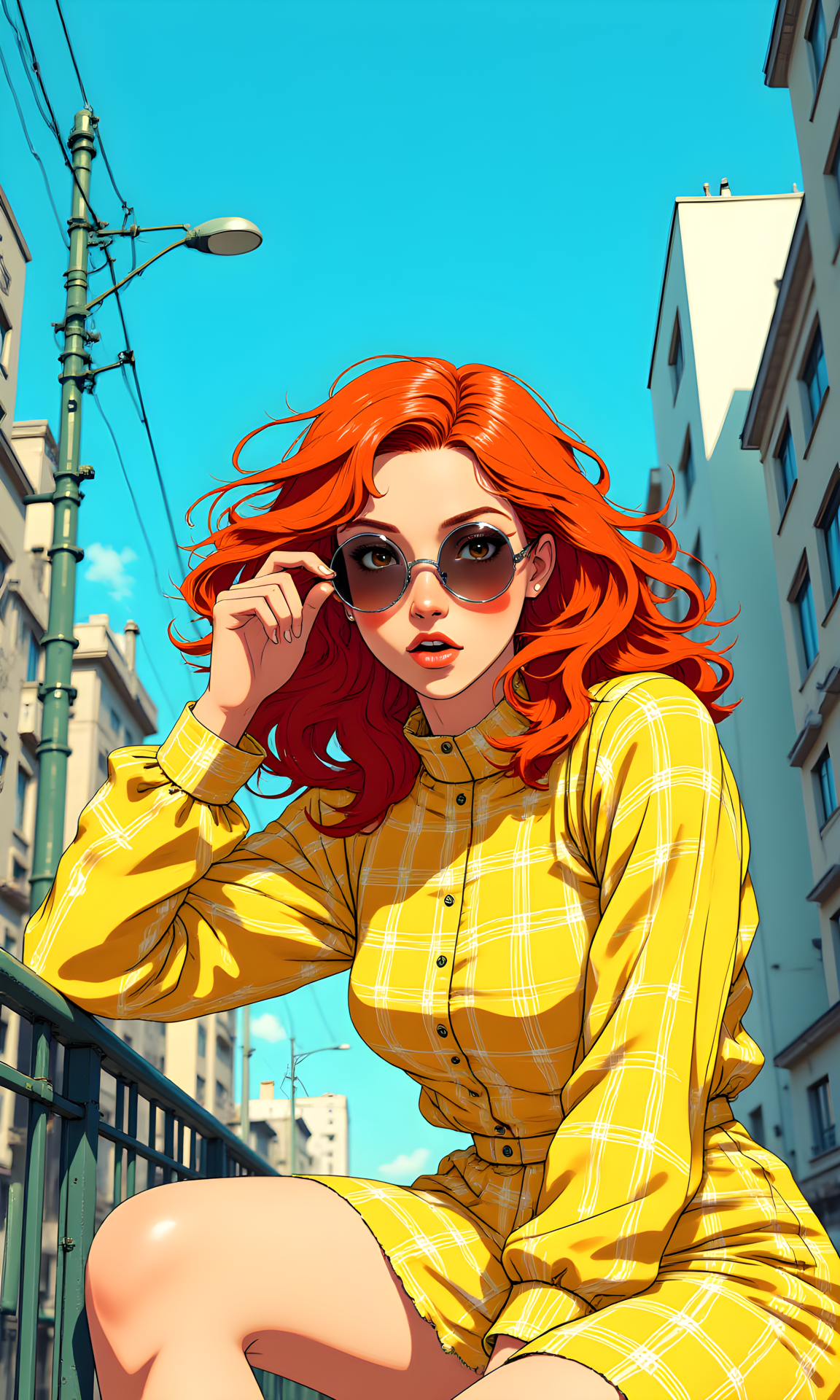 A woman with long, wavy red hair. She is the central focus of the image, exuding a playful and confident demeanor.
Her facial expression is lively and engaging. She has her mouth slightly open, revealing a hint of her teeth, which adds to the playful nature of the image. Her eyes are partially obscured by large, round sunglasses with a ruffled edge, but the visible part of her eyes suggests she is looking directly at the camera with a sense of curiosity or amusement.
She is leaning forward slightly, with one hand raised to adjust her sunglasses. This pose gives a sense of movement and interaction, as if she is in the middle of a playful gesture. Her body language is relaxed yet expressive, contributing to the overall dynamic feel of the image.
The woman is wearing a bright, plaid dress with a yellow and green color scheme. The dress has a high neckline and long sleeves, adding a touch of elegance to her outfit. The bold pattern of the dress contrasts nicely with the clear blue sky in the background, making her stand out even more.
The camera is positioned at a low angle, looking up at the woman. This perspective emphasizes her height and creates a dramatic effect, making her appear larger and more imposing. The angle also captures the full length of her dress and the details of her pose.
The lighting is natural, likely from the sun, given the clear blue sky. The light is bright and even, casting soft shadows that highlight the contours of her face and the texture of her dress. The sunlight enhances the vibrant colors of her clothing and hair, adding warmth and depth to the image.
The background features a clear blue sky, which provides a serene and open backdrop. There are some buildings visible in the distance, suggesting an urban setting. However, the background is not the main focus; it serves to complement the subject and add context to the scene.
The composition is well-balanced, with the woman centered in the frame. The use of the low camera angle and the bright background draws attention to her, making her the clear focal point. The lines of her dress and the direction of her gaze guide the viewer's eye through the image, creating a sense of harmony and visual interest. The overall composition is dynamic and engaging, capturing a moment of playful interaction.
BREAK j_art, <lora:FLUX\jul\J_Anime:1.0>, <lora:FLUX\RetroAnimeS1.1:0.0>, <lora:FLUX\GLSHS:0.0>, <lora:FLUX\Dieselpunk Delight - s0_9 g4:0.0>