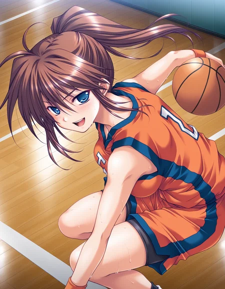 masterpiece, best quality, amazing quality, very aesthetic, absurdres, official art, ultra detailed, official style,
1girl, solo, akinokyouko(innyuu joshikousei), blue eyes, ponytail, brown hair, BREAK
orange basketball uniform, short pants,
happy, blush,
dynamic pose, playing basketball in a gym, gym, from above, from side, ultra detailed <lora:akino kyouko v1.0-000014:1>
