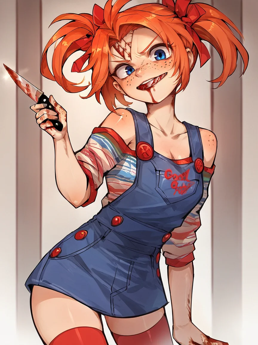 score_9, score_8_up, score_7_up, score_6_up, score_5_up, <lora:FemChuckyXLP:1> femchucky, 1girl, solo, twintails, blue eyes, thighhighs, overalls, orange hair, freckles, stitches, curvy, holding knife, blood