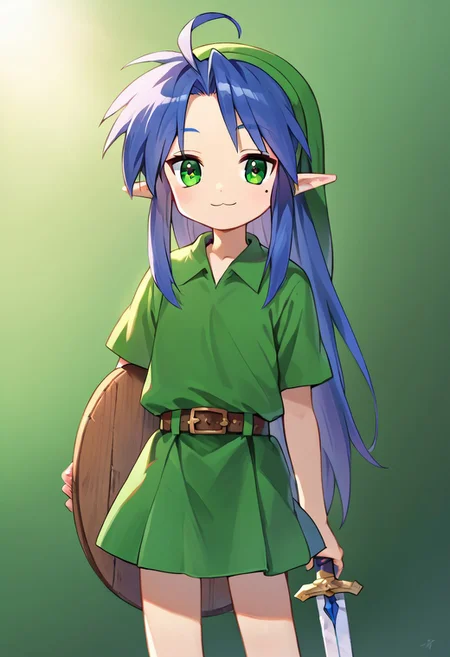 score_9, score_8_up, score_7_up,source_anime, masterpiece, ultra detailed, highres, 4k, best quality, BREAK, <lora:konata:0.7> Konata Izumi, solo, long hair, ahoge, mole, glossy hair, smooth hair, shiny hair, outdoor, smile, standing, YoungLink, green tunic, pointy ears, hat, solo,green_headwear, belt, skirt, shield, sword, dark blue hair, outstanding, countershading, detailed soft lighting, backlighting, green eyes, looking at viewer, ultra detailed eyes, cowboy shot