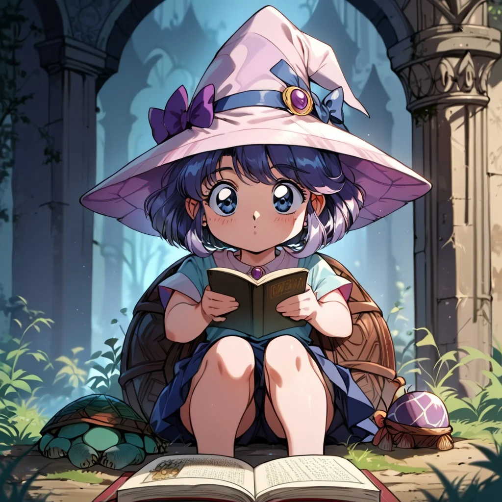 score_9,score_8_up,score_7_up,score_6_up, source_anime,<lora:Faux_Retro_XL:1>, (8k, masterpiece, best quality, cinematic lighting, ultra high res), (extremely detailed image, high resolution, 5k resolution:1.0), (ultra HD quality details), 1girl, cute mage girl, chibi, wizard hat, (((sitting on giant turtle))), sitting on turtle, turtle, ((girl on top of turtle)), (((giant turtle))), reading book, grimoire, in front of castle ruin, castle ruin, mystical forest, perfect hands, good lighting, retro artstyle, blue eyes