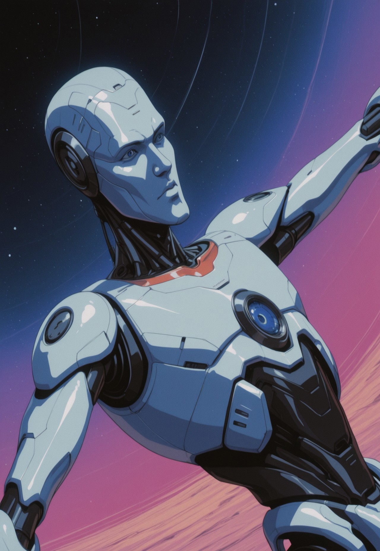 TTPhuman, 1boy, solo, robot, science fiction, metal skin, upper body,
retro_cyberpunk_fusion, retro, retro artstyle,
masterpiece, detailed, expressive, dynamic, dynamic pose, dynamic angle, colorful, cosmic,
