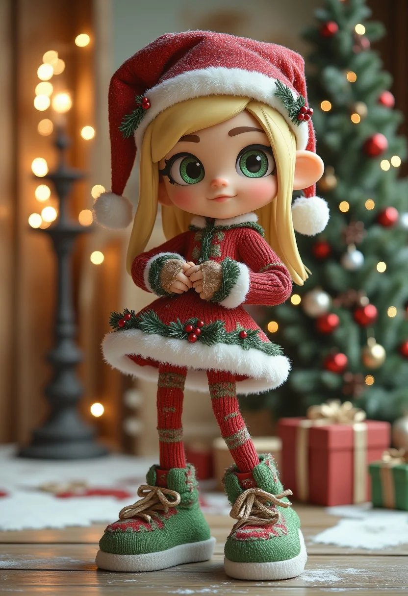 an inkling from Splatoon wearing festive christmas outfit, behind her there's a christmas tree
