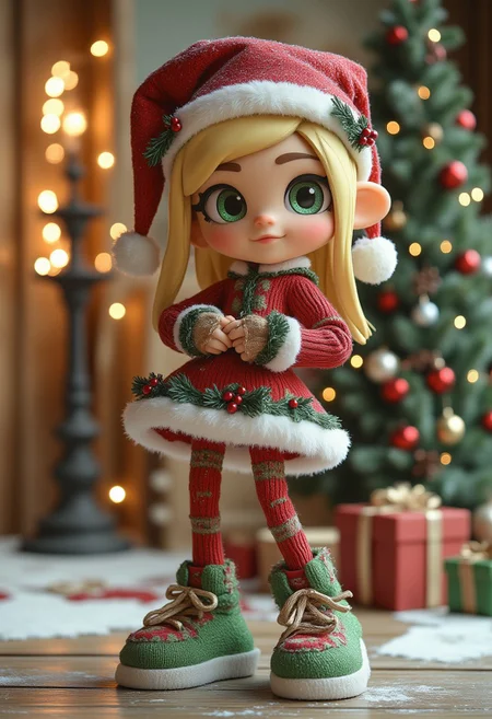 an inkling from Splatoon wearing festive christmas outfit, behind her there's a christmas tree