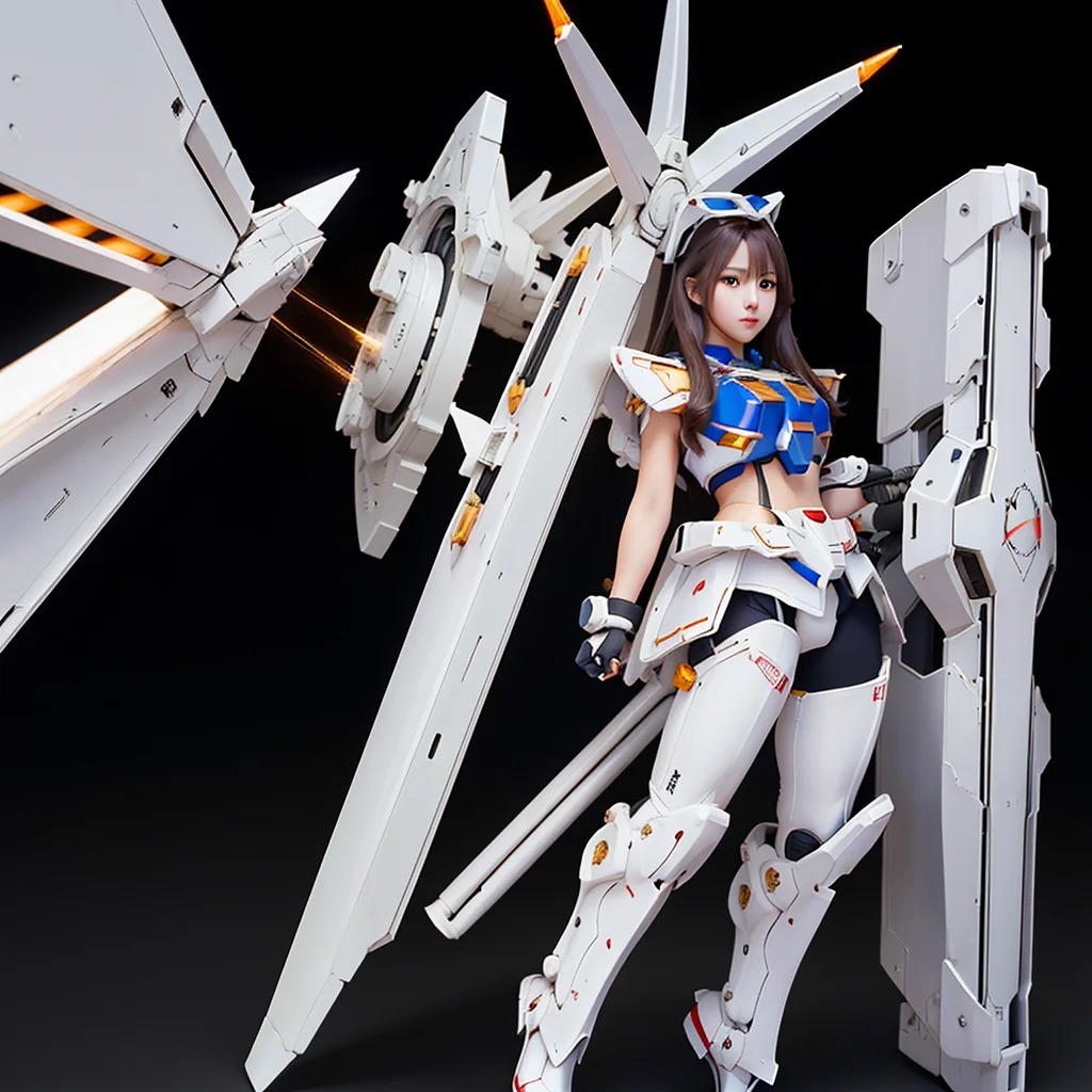<lora:Korean-doll-likeness:0.1>,<lora:Japanese-doll-likeness:0.4>,<lora:Taiwan-doll-likeness:0.1>,((8k, RAW photo, highest quality, masterpiece),High detail RAW color photo professional full shot photo,(realistic, photo realism:1.37),(highest quality),(best shadow),(best illustration),ultra high resolution,highly detailed CG unified 8K wallpapers,physics-based rendering, cinematic lighting),(aegyo sal:1),1girl,cute face,beautiful eye,beautiful mouth,makeup,Feminine Expressions,shy,very long leg,weapon,gundam weapon on my back,wear new high tech mobile suit armour,white,holding weapon,very huge gun,holding Very large shield,(focus on face:1.1),msgirl girl,<lora:msgirlLora_v20:1>,