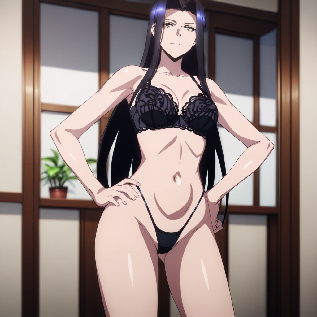 1girl, solo, Ms. Smith,  tall, sexy, long black hair, rectangle sunglasses, medium breasts, flat stomach, wearing black lace bra & thong, indoors standing with hand on hip, looking at viewer