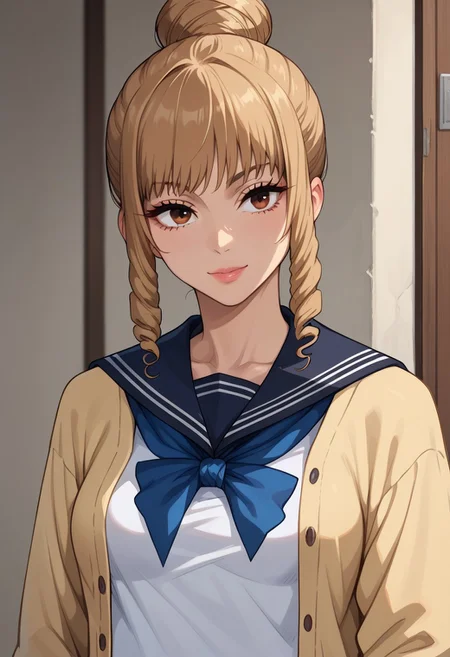 anime artwork, score_9, score_8_up, score_7_up, score_6_up, score_5_up, solo, perfect eyes, detailed eyes, beautiful female, detailed face, dynamics lines, 20 year old, perfect beautiful face, long eyelashes, sharp eyes pupils, (bedroom:1.3), (upper body:1.5), medium breasts, wide hips, hips,,1 girl, brown hair, drill hair, hair bun, bangs, brown eyes, school uniform, yellow cardigan, open cardigan, serafuku, blue sailor collar, smile, head tilt