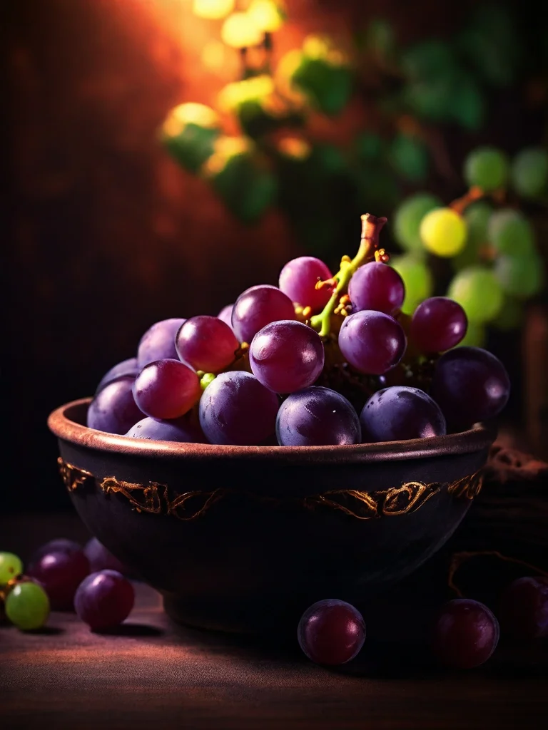 Plump grapes in a vintage ceramic bowl, ad photography, promotional photography, colorful glowing backdrop, glowing neon lights, bokeh neon lights, glow textured backdrop, in dark studio background, dark and glow in background, cinematic lighting, minimal professional photography, soft lighting, fog and smoke around, spot light, studio lighting style, bright lighting, vibrant colors, 4k
