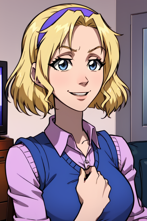 sarah, blonde hair,  blue eyes,  short hair, 
hairband, purple vest sweater, pink shirt, dress skirt,
upper body,  smile, standing, solo, 
living room, 
 (insanely detailed, beautiful detailed face, masterpiece, best quality) <lora:sarahdubois:0.8>