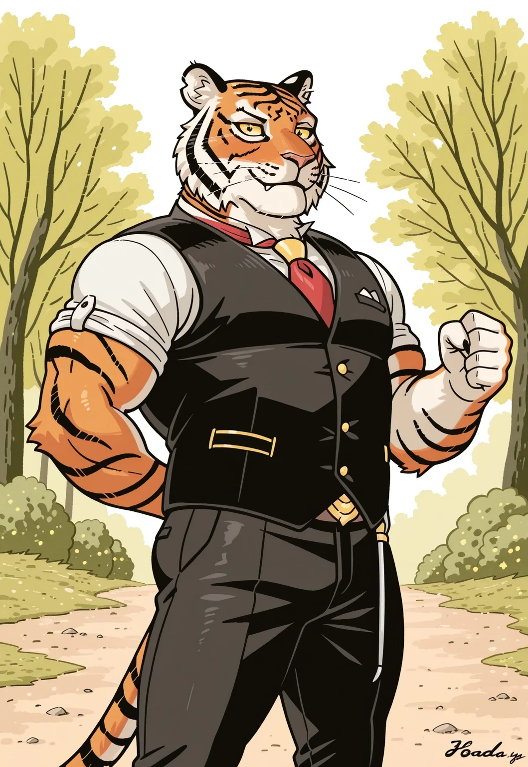 score_9_up, score_8_up, score_7_up, (((jlada_style))), (ilustration), (bold outlines),

best quality, newest, absurdres, highres, 1boy, solo,Anthro,Anthro,tiger,Oscar,yellow sclera,black pupil,orange fur,black marks,muscular male,tiger ears,upperbody,outdoors,vest,black pants