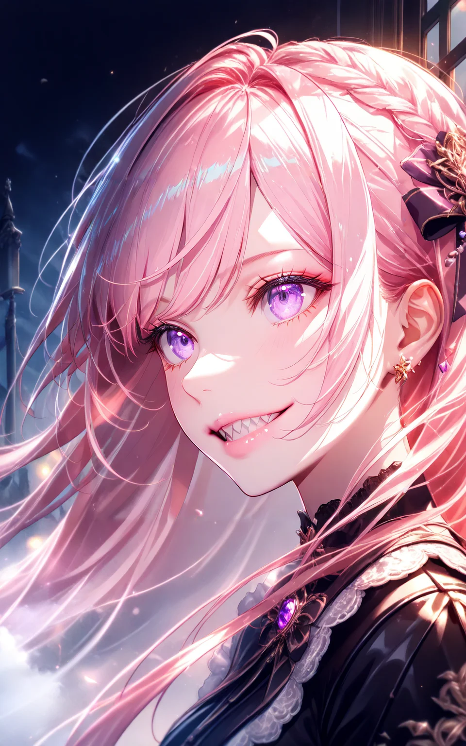 close-up,civchan,pink hair,purple eyes,creepy girl,glowing eyes,sinister smile,sharp teeth,evil grin,gothic,eerie cemetery,night mist,horror lighting,black dress,dramatic eye focus,spooky expression,realistic face,pale skin,long flowing hair,ultra-detailed,(masterpiece:2),(best quality:1.1),Cinematic Lighting,(illustration, 8k CG, extremely detailed),<lora:civichan-base-01-XL:0.9>,<lora:detailed_notrigger:1>,<lora:xl_more_art-full_v1:0.8>,
