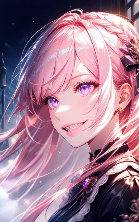 close-up,civchan,pink hair,purple eyes,creepy girl,glowing eyes,sinister smile,sharp teeth,evil grin,gothic,eerie cemetery,night mist,horror lighting,black dress,dramatic eye focus,spooky expression,realistic face,pale skin,long flowing hair,ultra-detailed,(masterpiece:2),(best quality:1.1),Cinematic Lighting,(illustration, 8k CG, extremely detailed),<lora:civichan-base-01-XL:0.9>,<lora:detailed_notrigger:1>,<lora:xl_more_art-full_v1:0.8>,