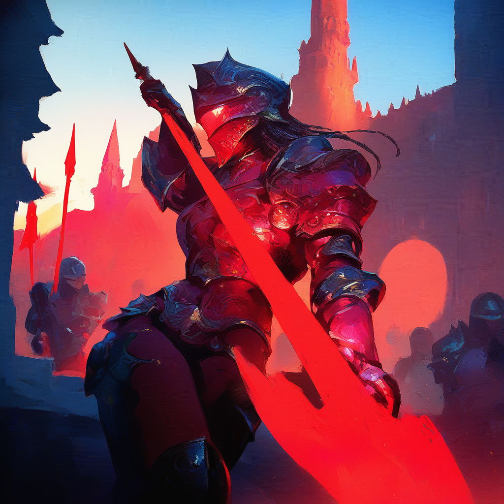 cowboy shot,
1girl, human,
ornate armor, red armor,  helmet, visor, braided dark hair, large pauldron, gloves, greaves, holding spear,
standing pose, fighting stance,
outdoors, castle, bright, vivid, colorful,
(((masterpiece, best quality, newest, absurdres, highres, very awa)))