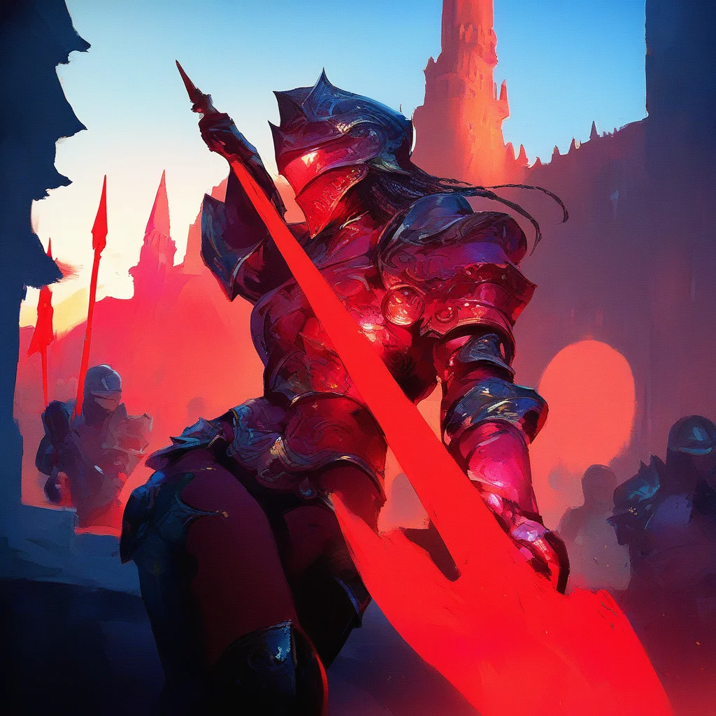 cowboy shot,
1girl, human,
ornate armor, red armor, helmet, visor, braided dark hair, large pauldron, gloves, greaves, holding spear,
standing pose, fighting stance,
outdoors, castle, bright, vivid, colorful,
(((masterpiece, best quality, newest, absurdres, highres, very awa)))