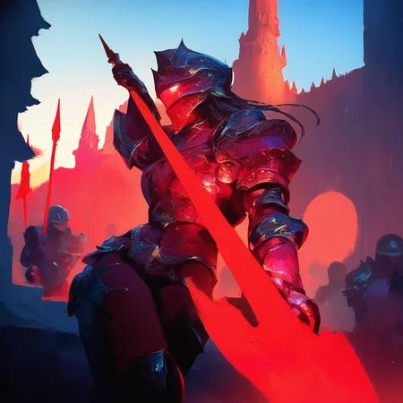 cowboy shot,
1girl, human,
ornate armor, red armor,  helmet, visor, braided dark hair, large pauldron, gloves, greaves, holding spear,
standing pose, fighting stance,
outdoors, castle, bright, vivid, colorful,
(((masterpiece, best quality, newest, absurdres, highres, very awa)))