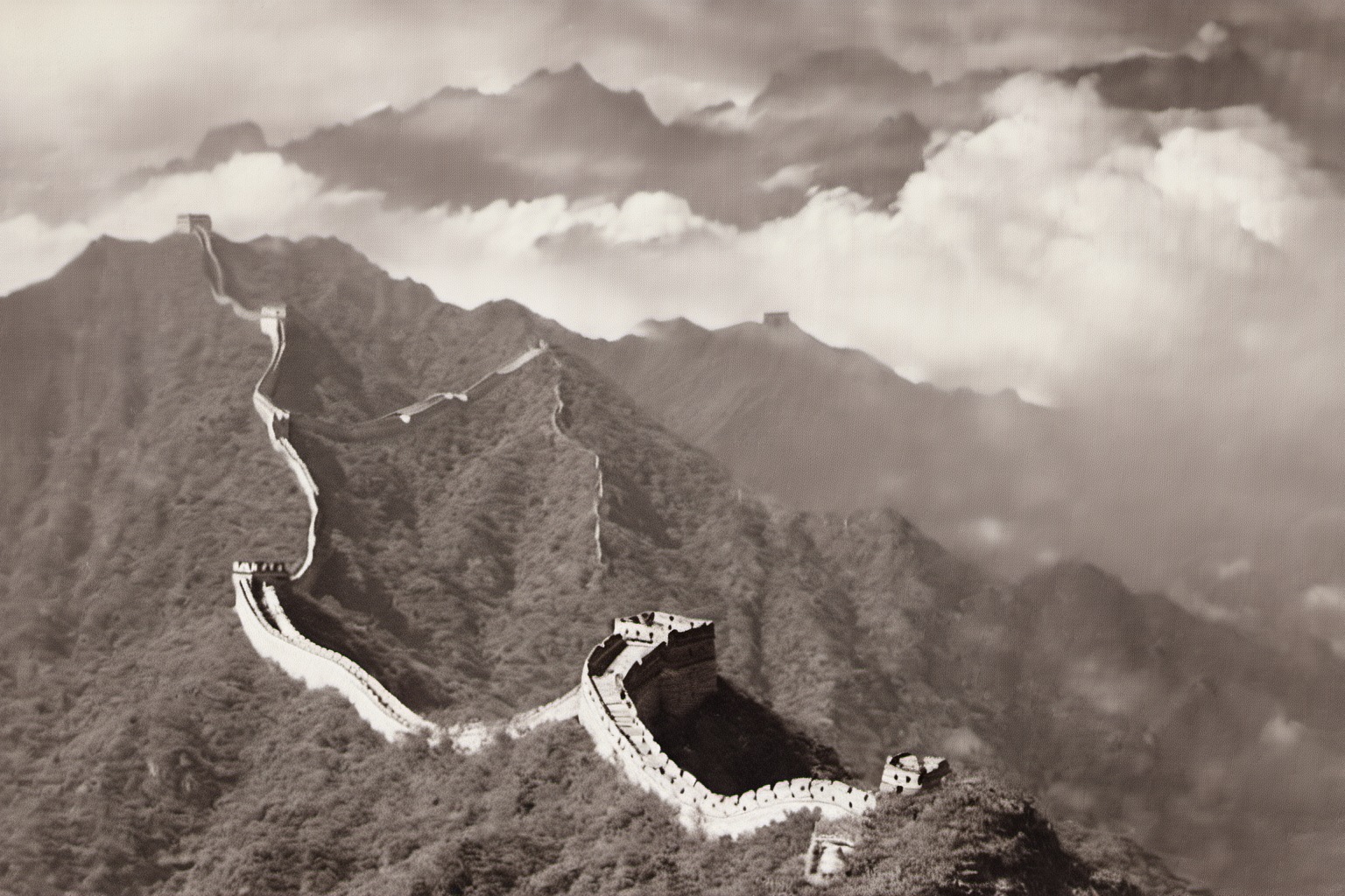 monochrome, great wall, mountain, cloud, twon  <lora:langjingshan-000005:0.8>