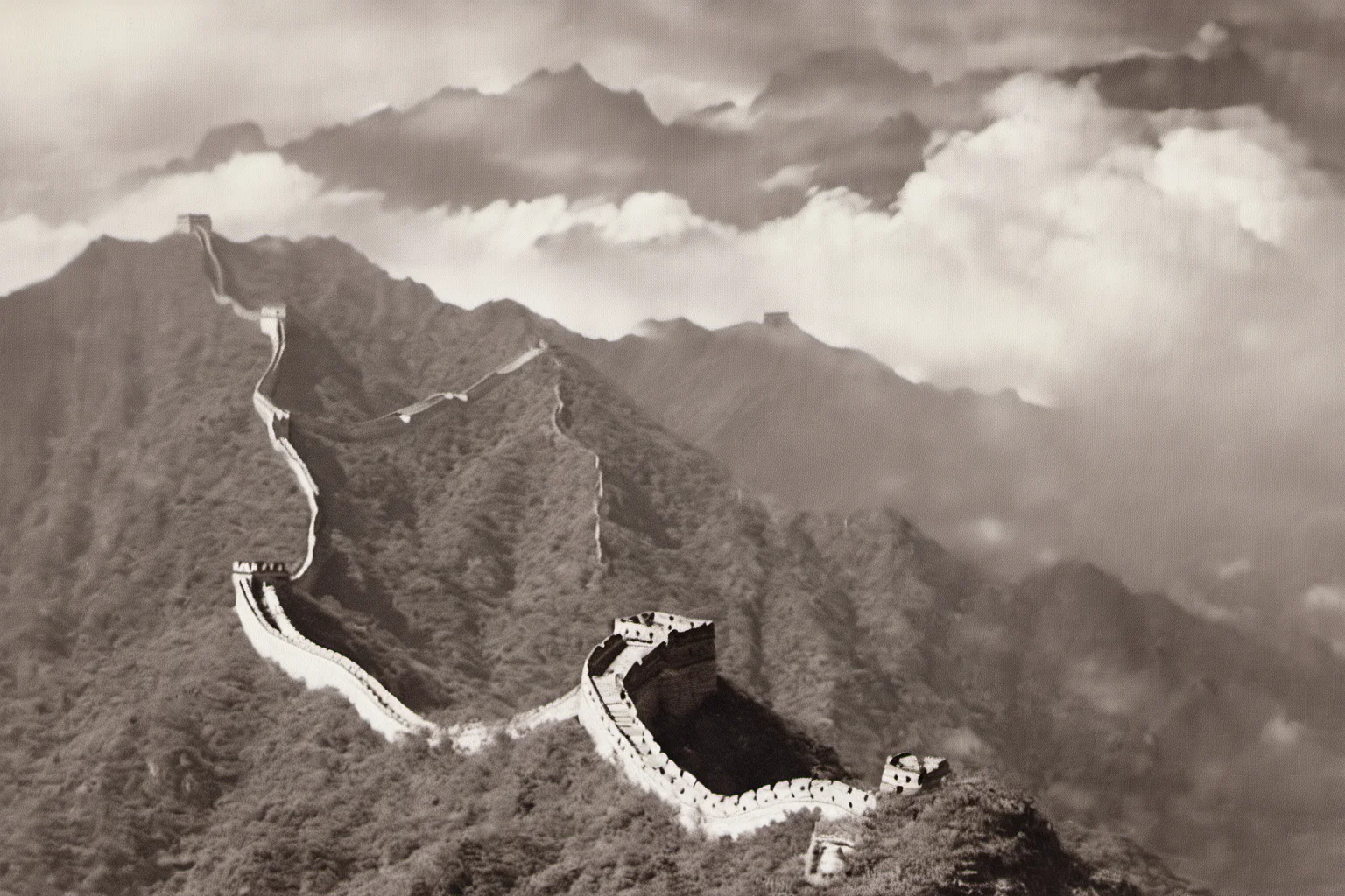 monochrome, great wall, mountain, cloud, twon <lora:langjingshan-000005:0.8>