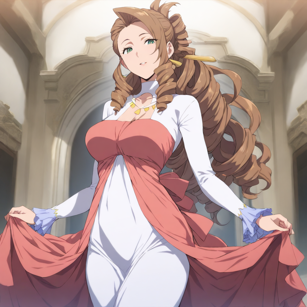 solo,looking at viewer,cowboy_shot,masterpiece,high score,great score,absurdres,<lora:Flora_Nanadan ag4o v1:1> flora_nanadan, brown hair, long hair, drill hair, green eyes,dress,mature female,