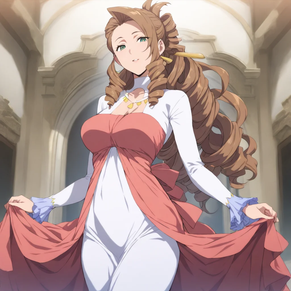 solo,looking at viewer,cowboy_shot,masterpiece,high score,great score,absurdres,<lora:Flora_Nanadan ag4o v1:1> flora_nanadan, brown hair, long hair, drill hair, green eyes,dress,mature female,